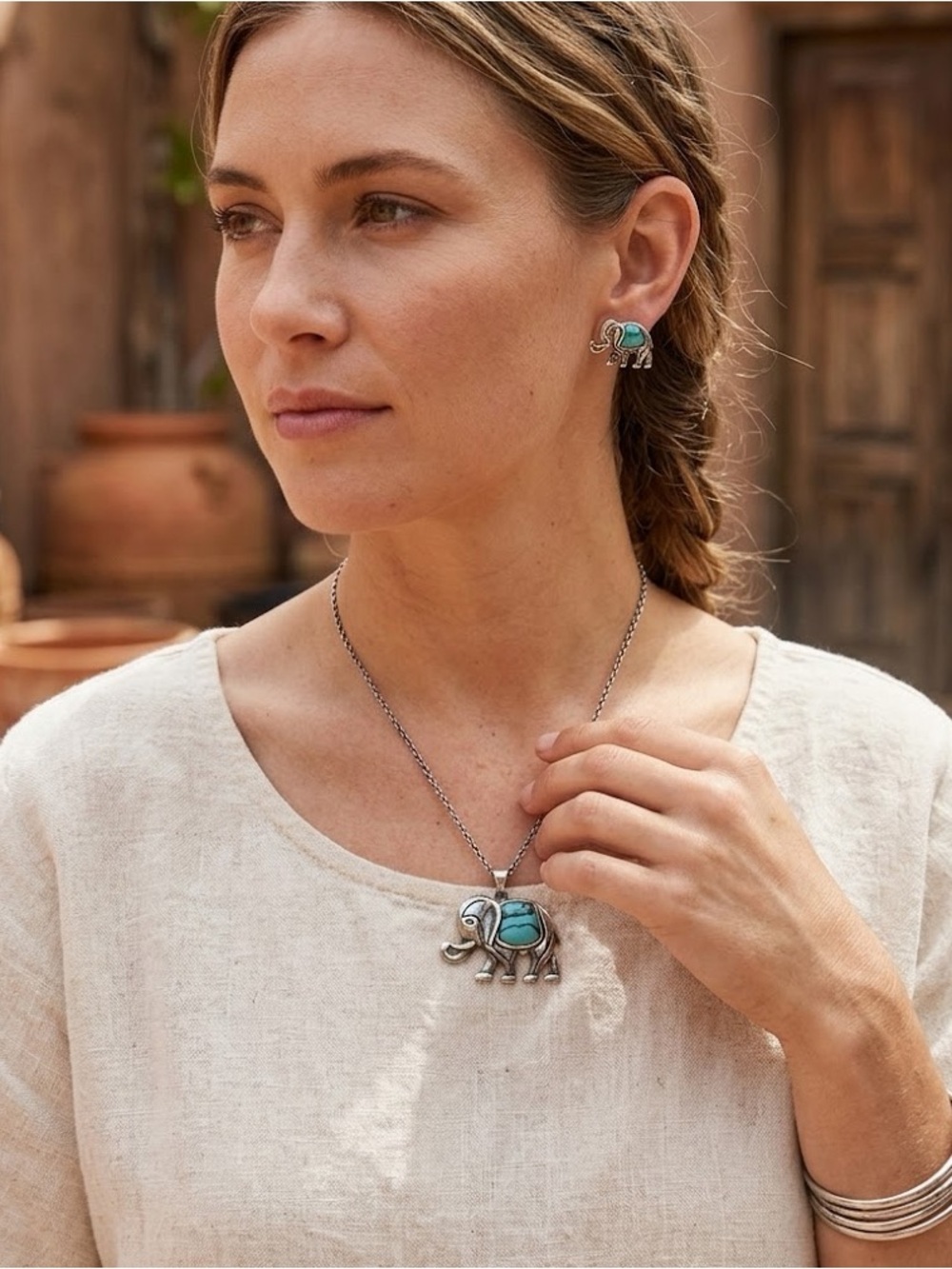 Elephant Pendant & Earrings Set Imitation Turquoise